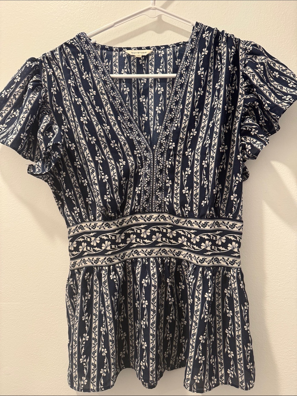 Max Studio Navy and White Floral Stripe Peplum Blouse
